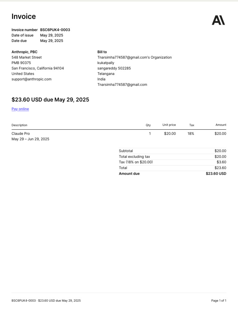 Invoice BSC6PUK4-0003: $23.60 Due | PDF