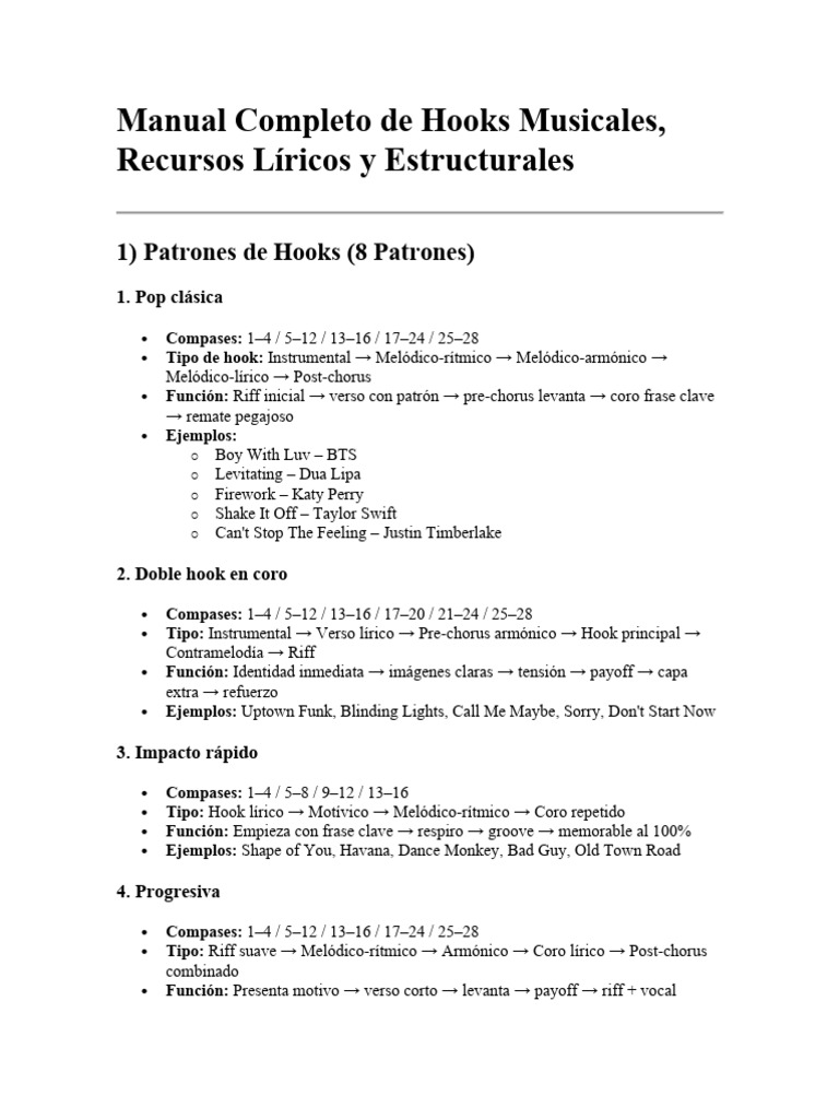 Guía de Hooks Musicales y Recursos Lírico | PDF | Ritmo | Metro (poesía)