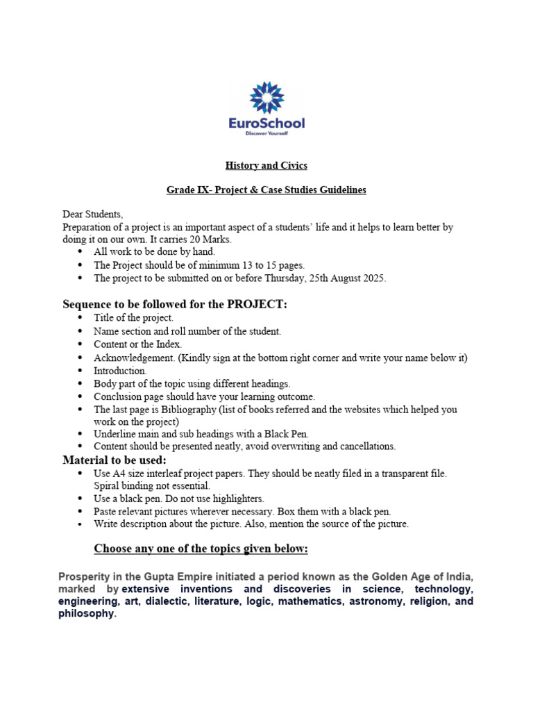 Grade IX History Project Guidelines | PDF