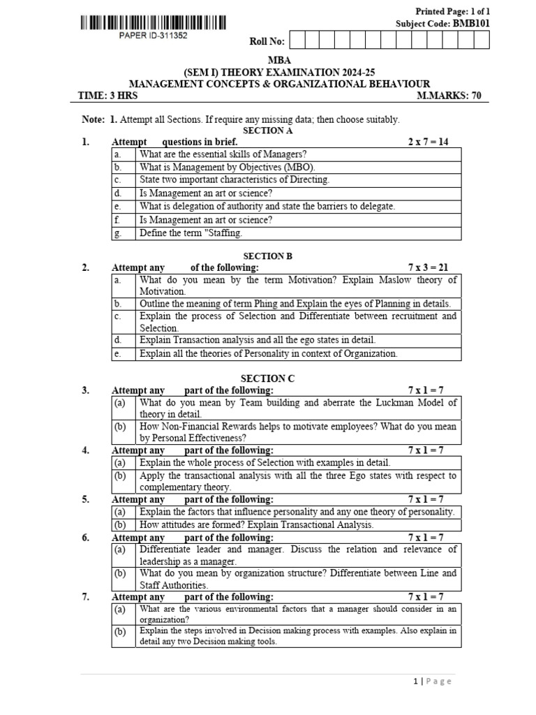 Previous Year Question Paper MCOB 2025 | PDF | Motivation | Motivational