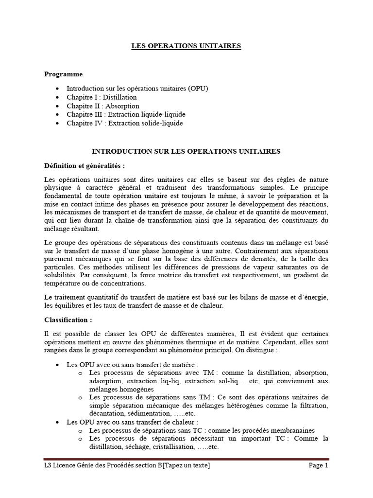 Opérations unitaires en génie des procédés | PDF | Distillation ...