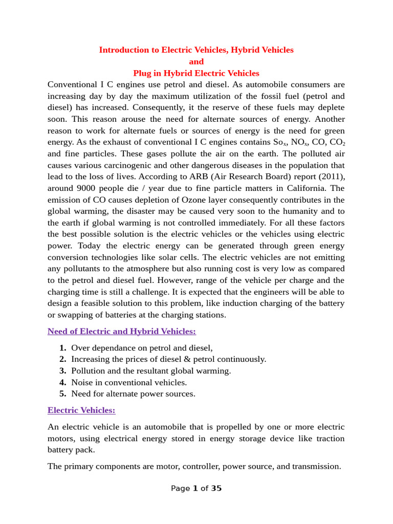 Electric and Hybrid Vehicle Overview | PDF | Electric Motor | Electric ...