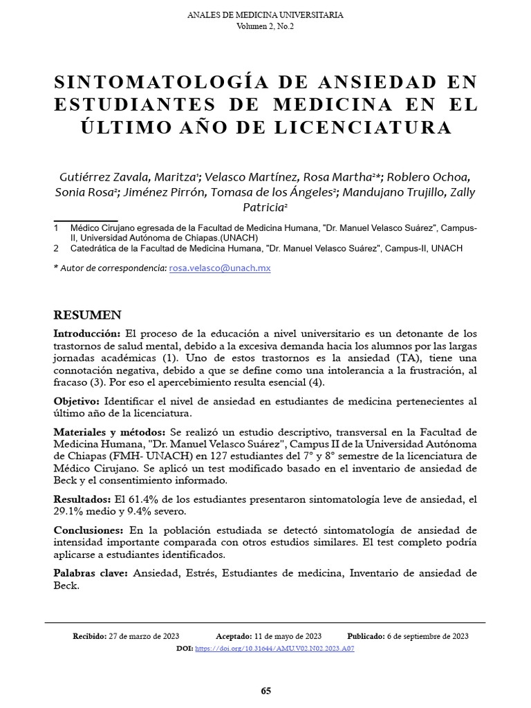 Ansiedad en Estudiantes de Medicina | PDF | Ansiedad | Trastorno mental