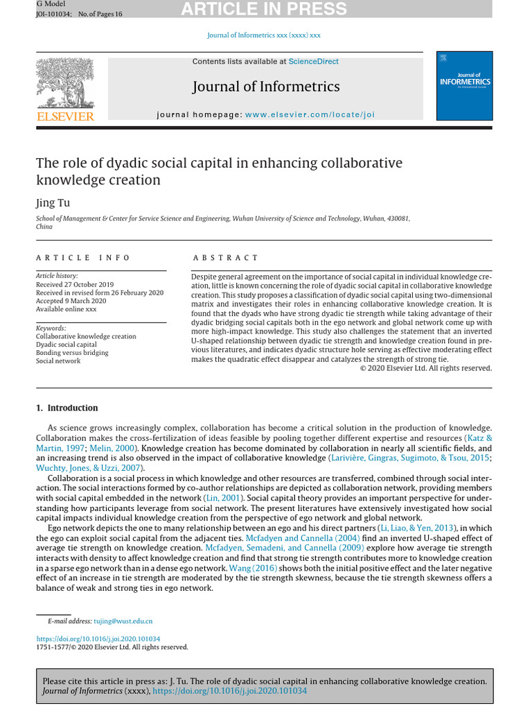 Dyadic Social Capital in Knowledge Creation | PDF | Social Capital ...