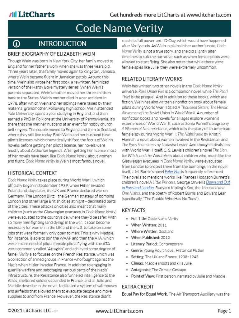 Code Name Verity LitChart | PDF | French Resistance | Horatio Nelson ...