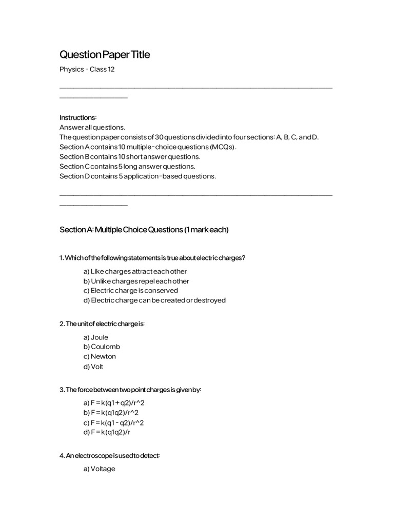 Class 12 Physics Question Paper | PDF | Electric Field | Theoretical ...