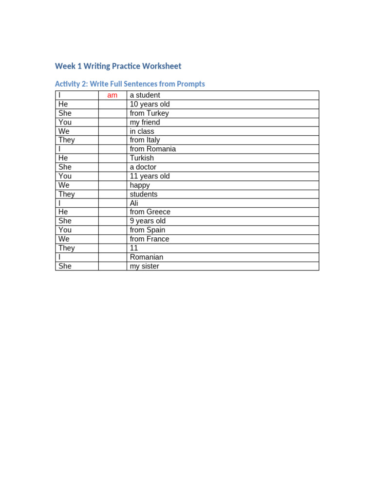 Week 1 Writing Practice Worksheet | PDF