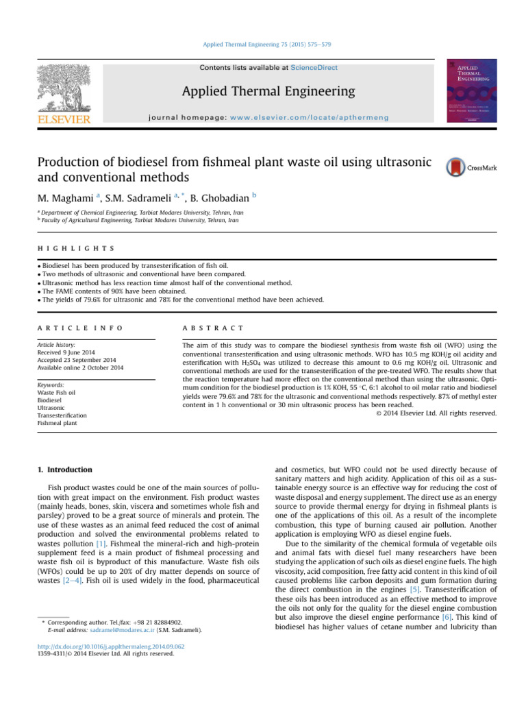 Biodiesel from Waste Fish Oil: Ultrasonic vs. Conventional Methods ...