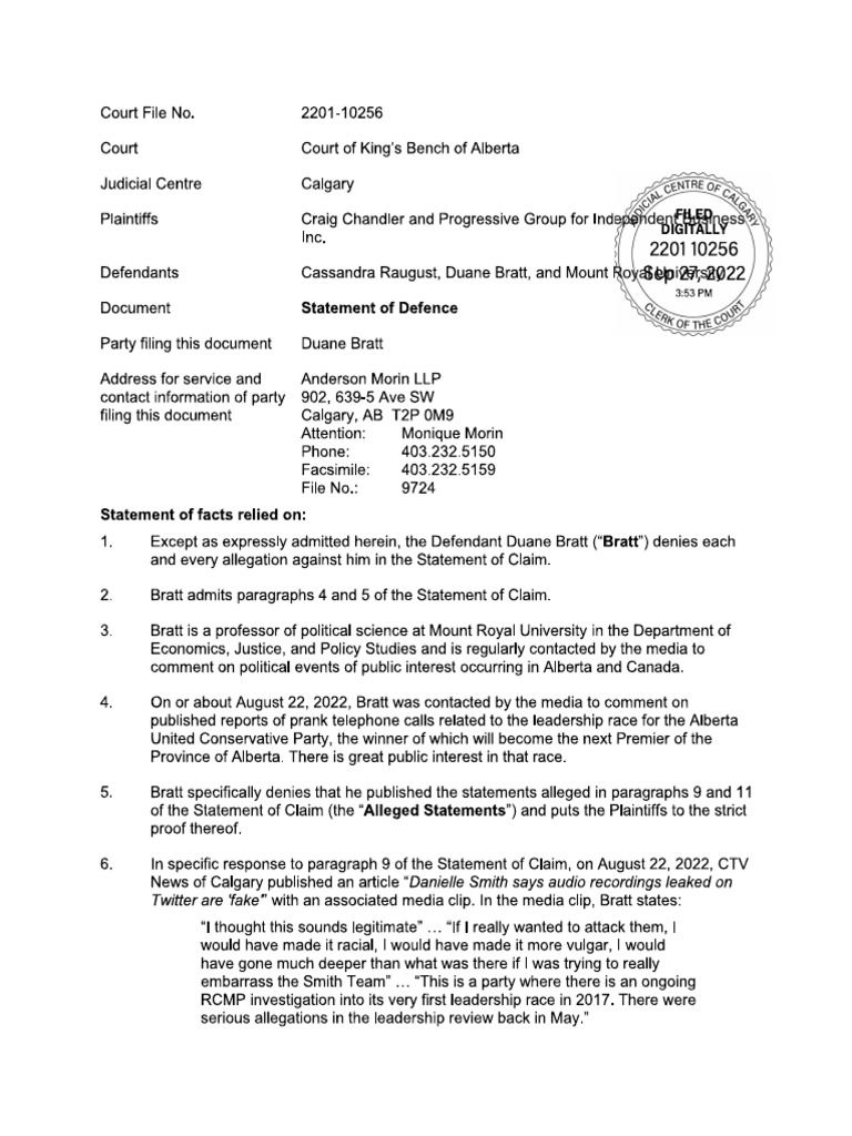 Bratt Statement of Defence | PDF