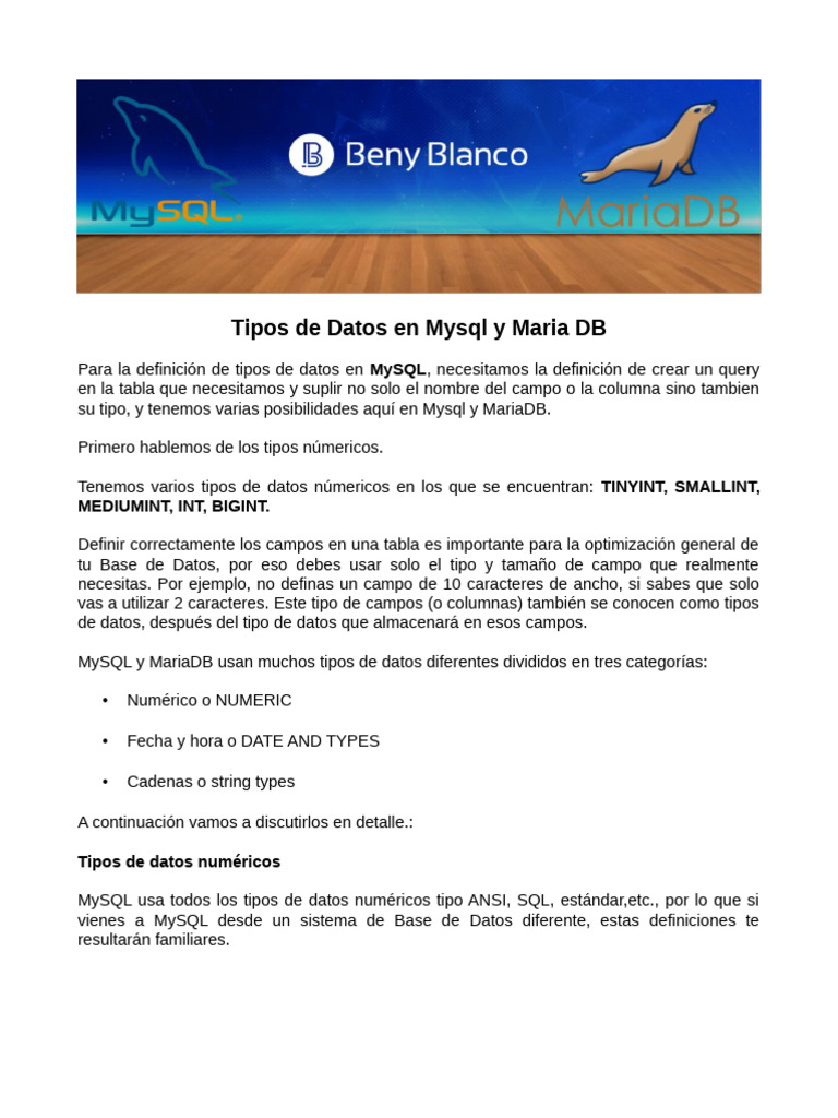 Tipos de Datos en MySQL y MariaDB | PDF | Tipo de datos | Mi sql