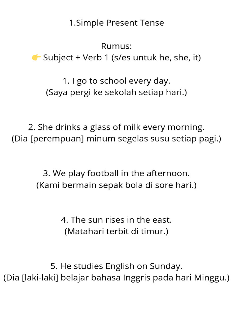 1.simple Present Tense Rumus ? Subject Verb 1 (Ses Untuk He, She, It) 1 ...