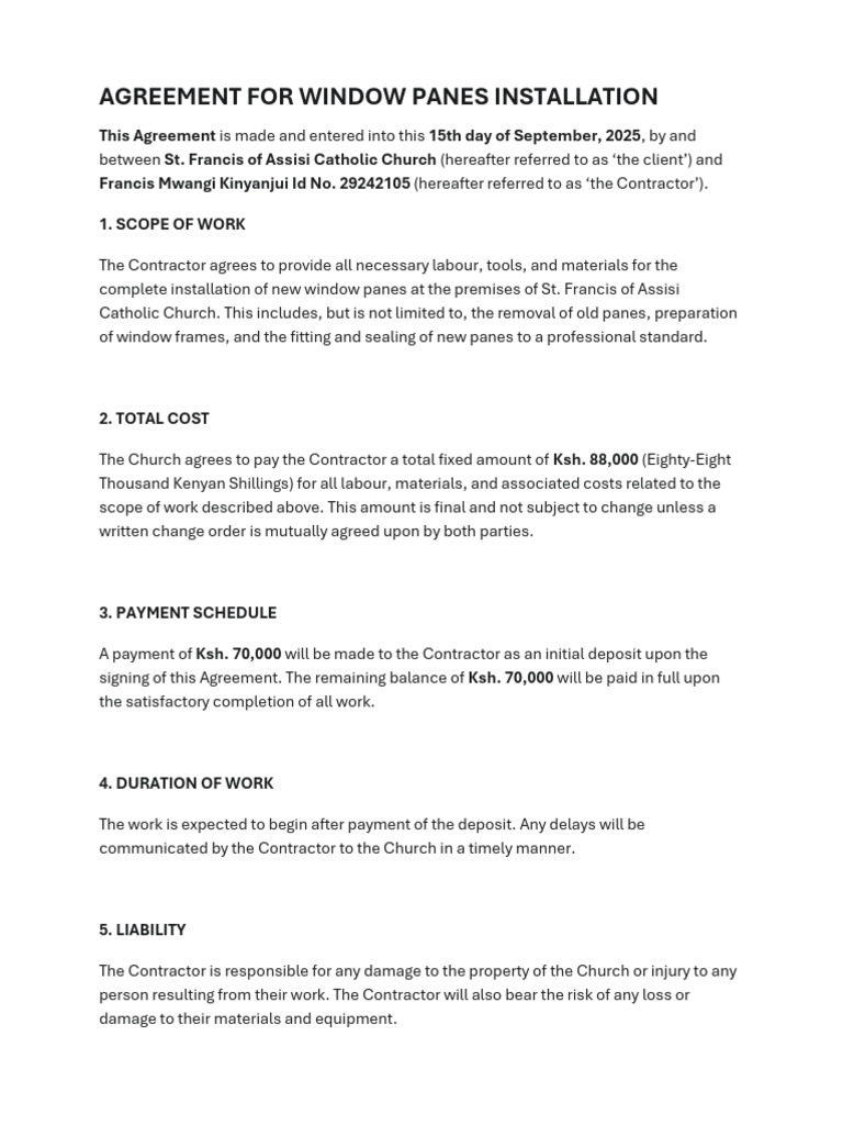 Window Pane Installation Agreement | PDF | Private Law | Business Law