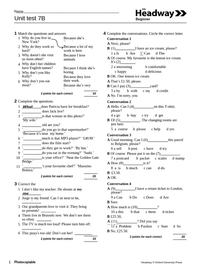 Beginner Unit Test 7B Answers | PDF