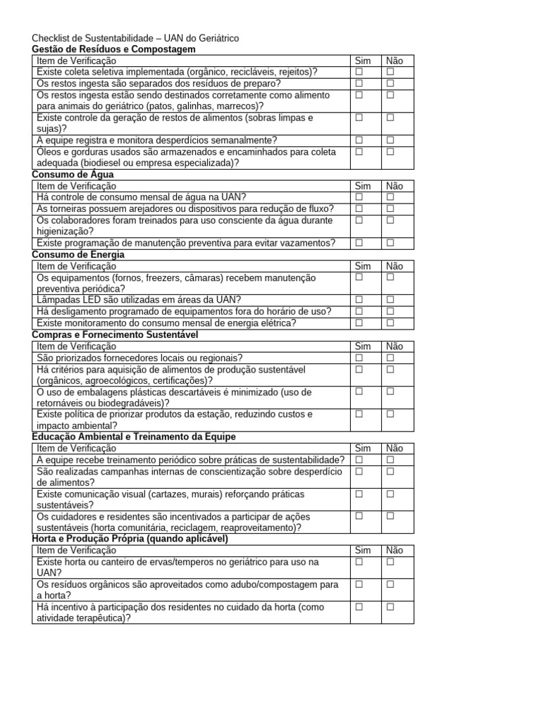 Checklist Sustentabilidade UAN | PDF | Desperdício | Reciclagem
