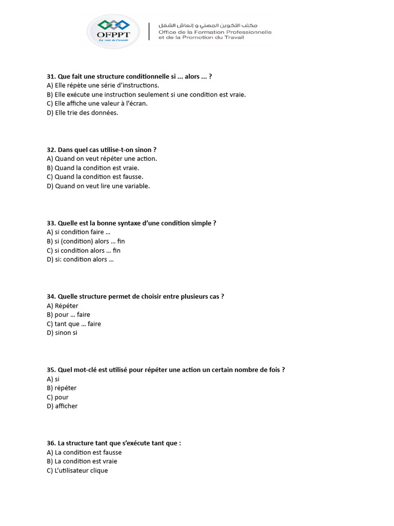 Structures conditionnelles et boucles en algorithme | PDF