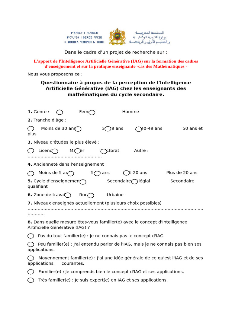 Questionnaire sur l'IAG en mathématiques | PDF | Intelligence ...