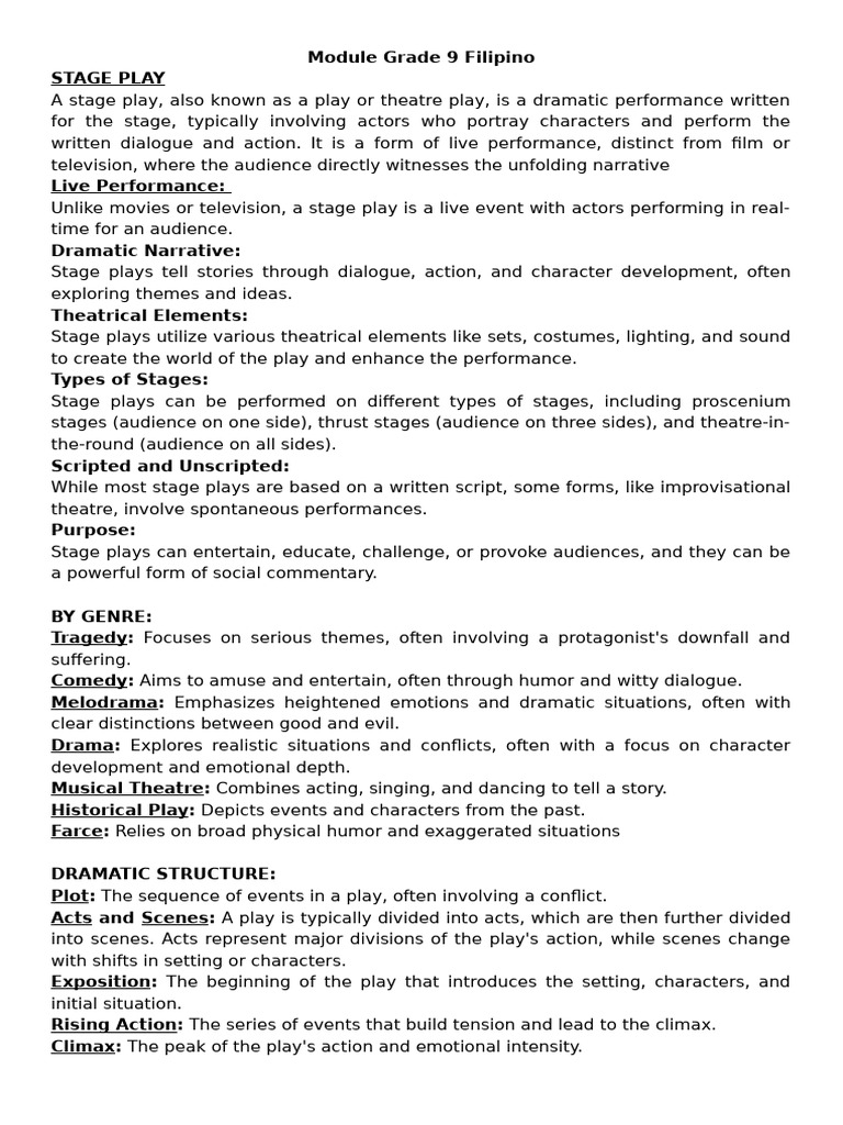 Grade 9 Stage Play Overview | PDF | Play (Theatre) | Romance Novels