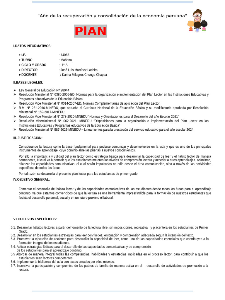 Plan Lector 1°a 14063 | PDF | Maestros | Comprensión lectora