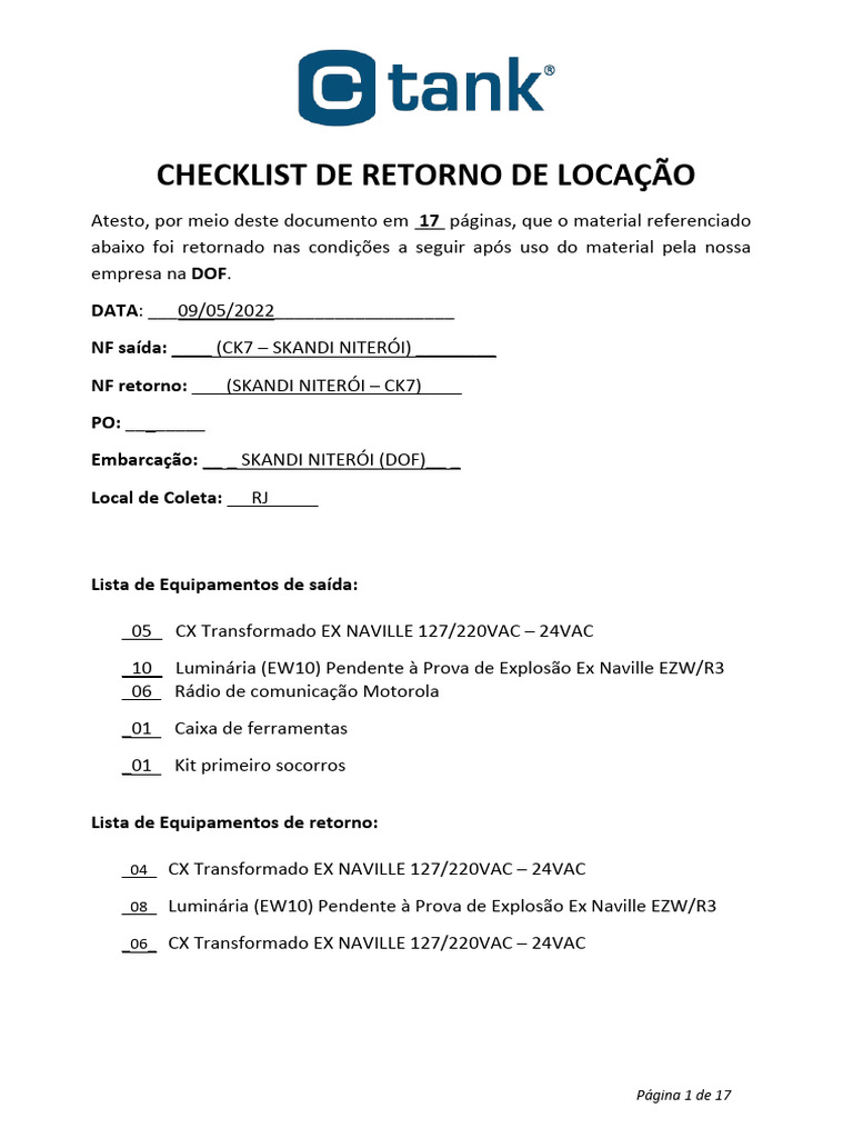 Checklist de Retorno de Locação de Equipamentos | PDF | Bens manufaturados