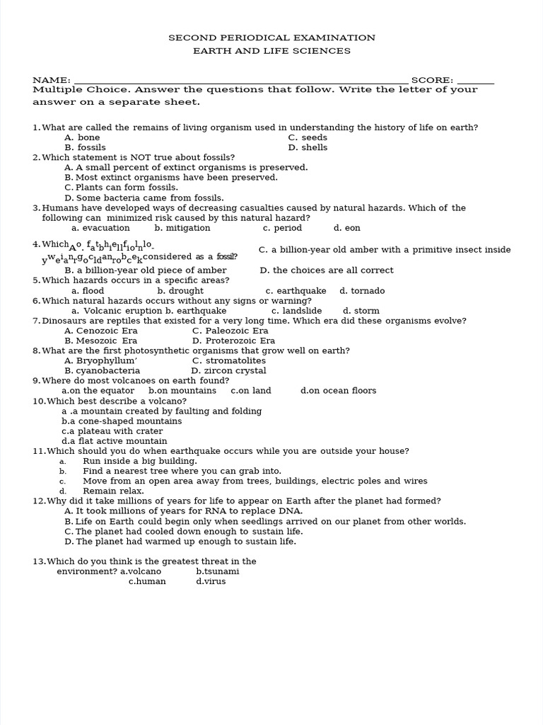 Earth and Life Science Exam2 With Tos and Answer Key | PDF ...