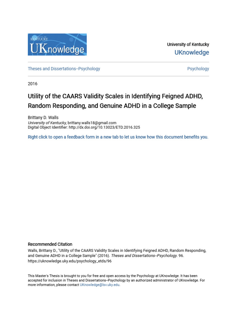Utility of The CAARS Validity Scales in Identifying Feigned ADHD | PDF ...