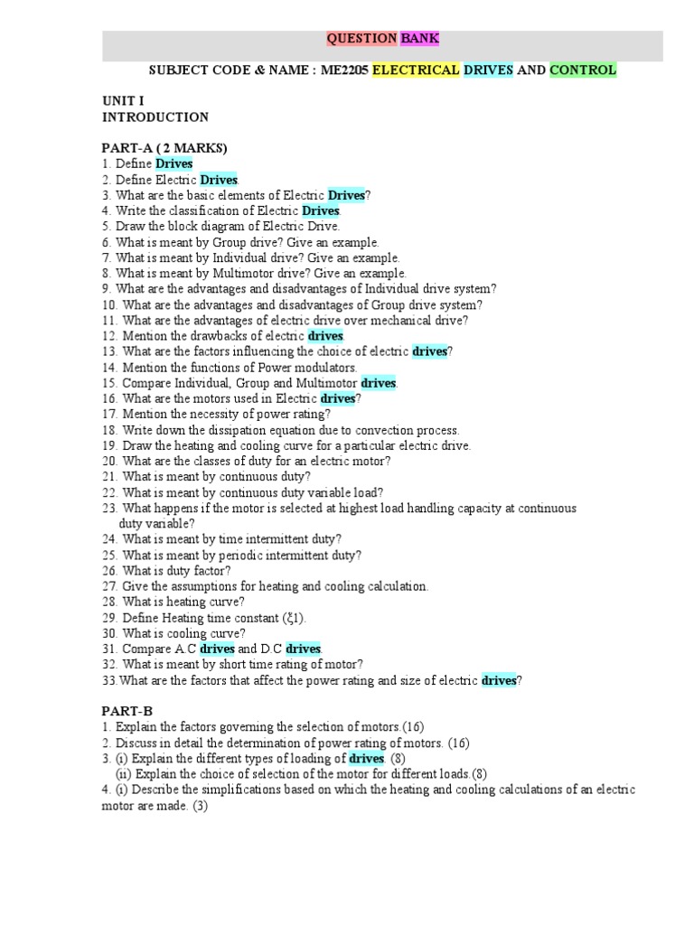 Question Bank Subject Code & Name Me2205 Electrical Drives and Control