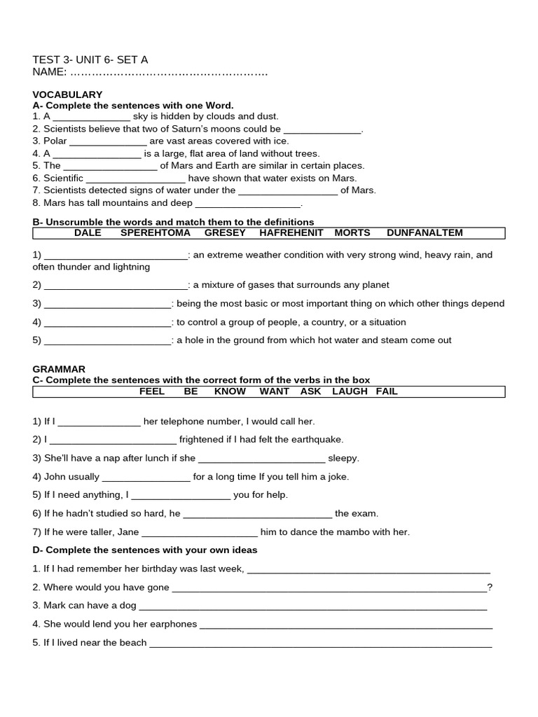 Vocabulary and Grammar Test Unit 6 | PDF