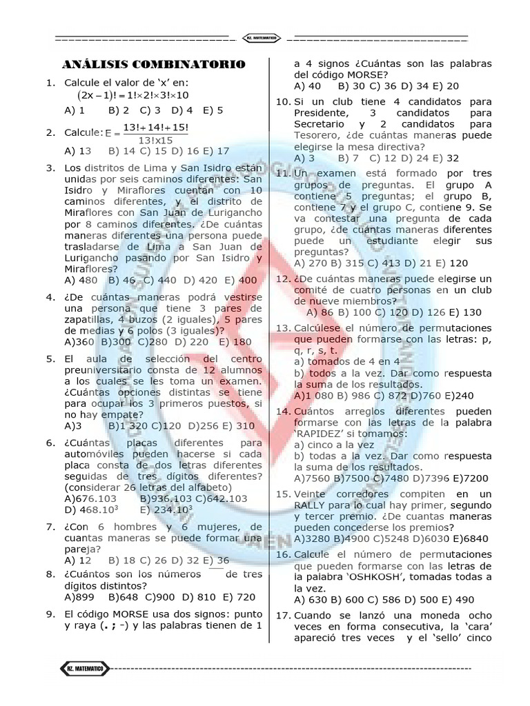 Ejercicios de Análisis Combinatorio | PDF | Teoría de los números ...
