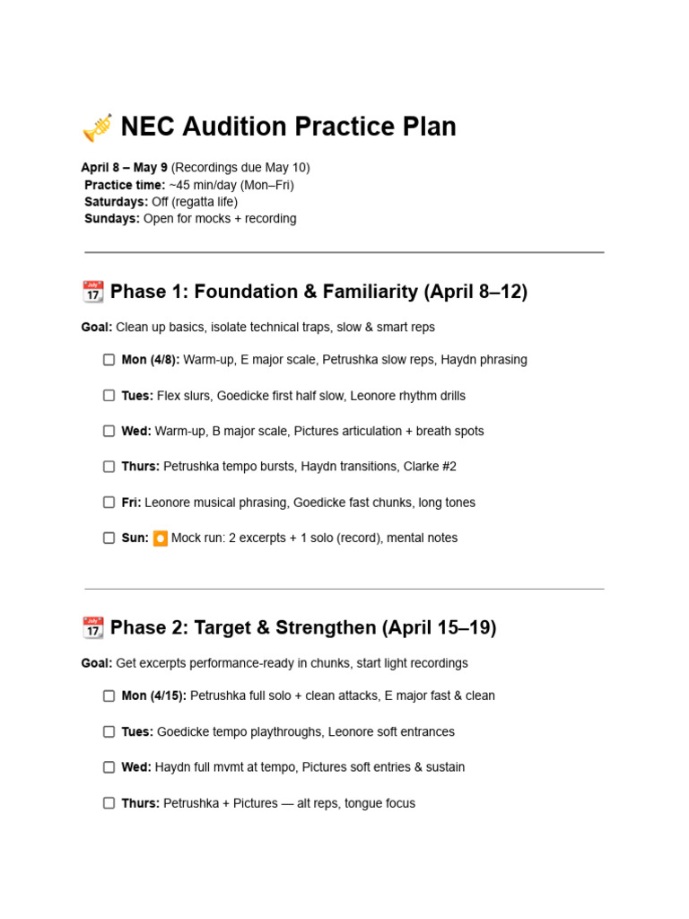 NEC Audition Practice Schedule | PDF