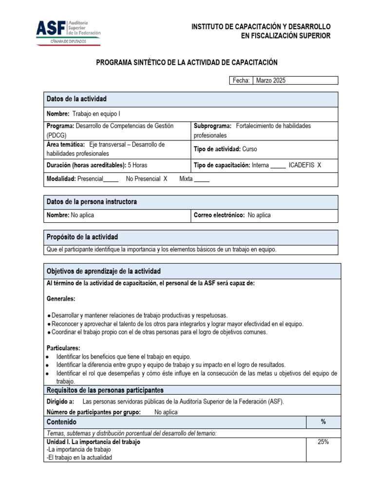 Capacitación en Trabajo en Equipo ASF | PDF