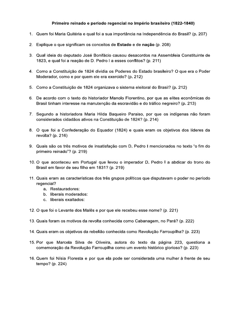 Questões Primeiro Reinado e Período Regencial | PDF