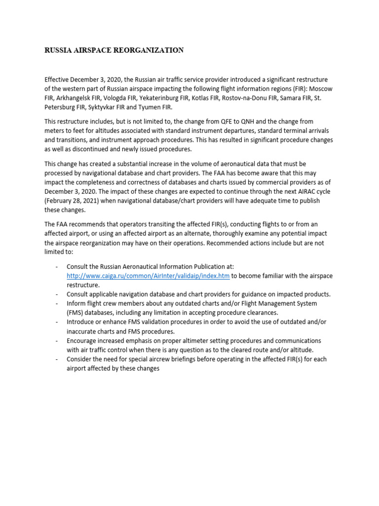Russia Airspace Restructure Impact | PDF | Air Traffic Control ...