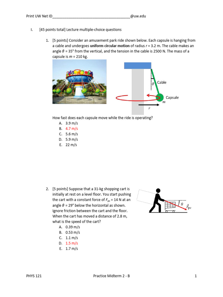 PHYS 121 Practice Midterm 2 - B | PDF | Force | Velocity