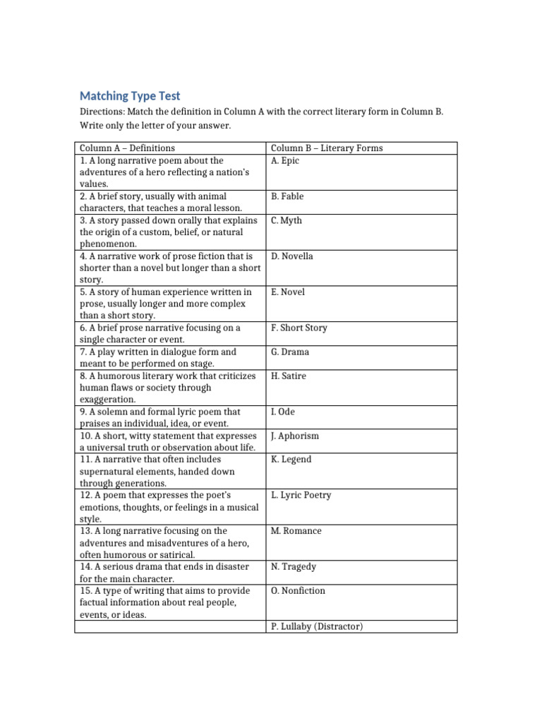 Literary Forms Matching Test | PDF