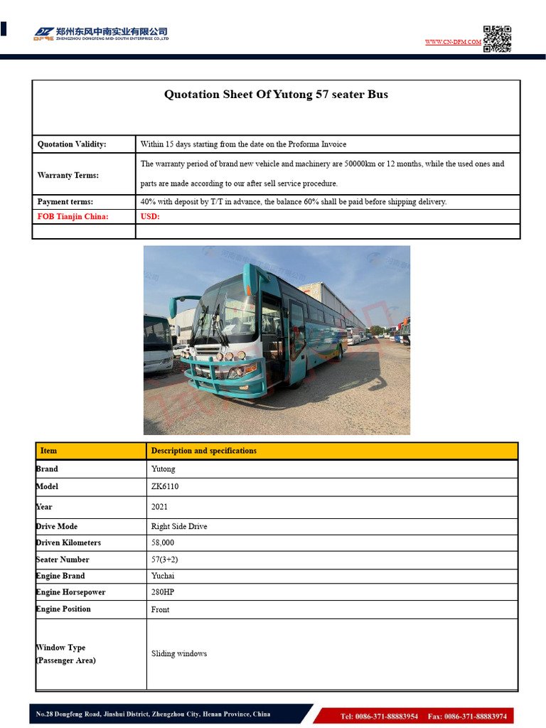(Right-Hand Drive ZK6110) 57-Seat Bus Quotation | PDF | Truck | Wheeled ...
