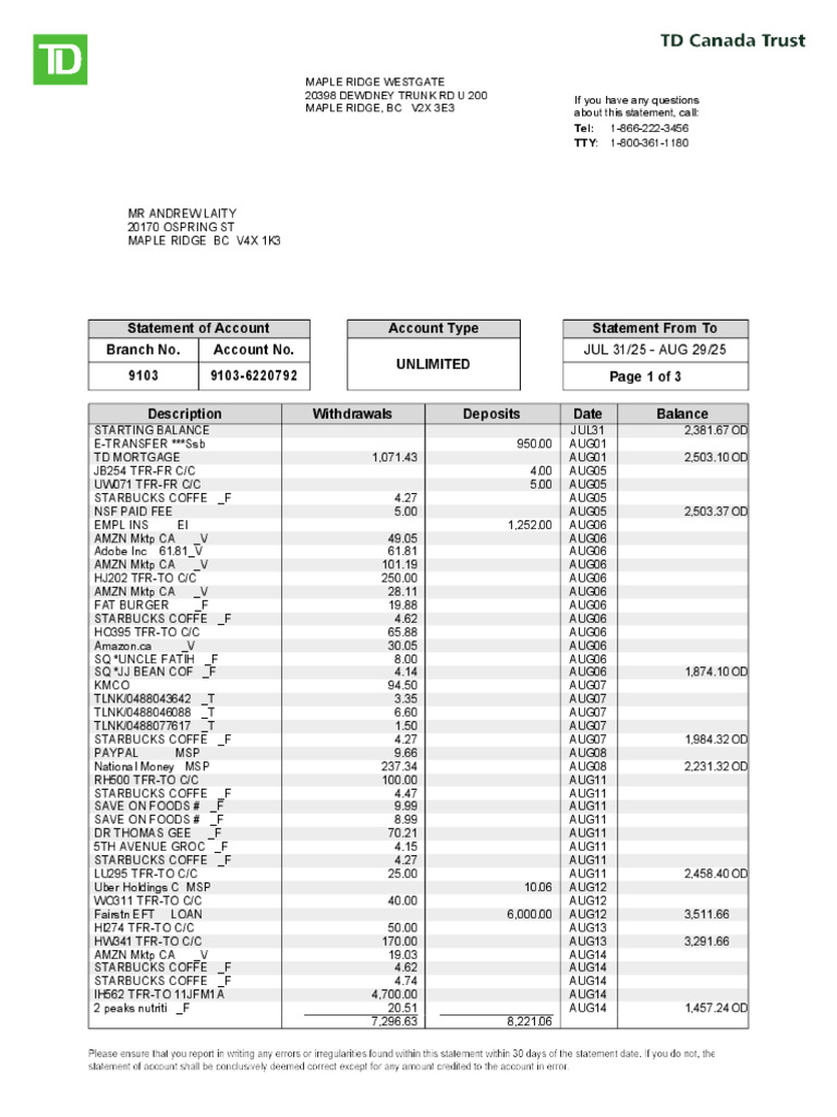 TD Unlimited Chequing Account 9103-6220792 Jul 31-Aug 29 2025 | PDF ...