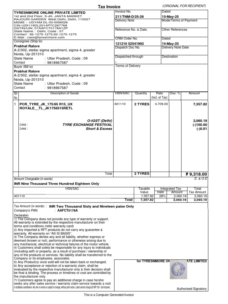 Tax Invoice for Tyres Purchase | PDF | Fee | Taxes