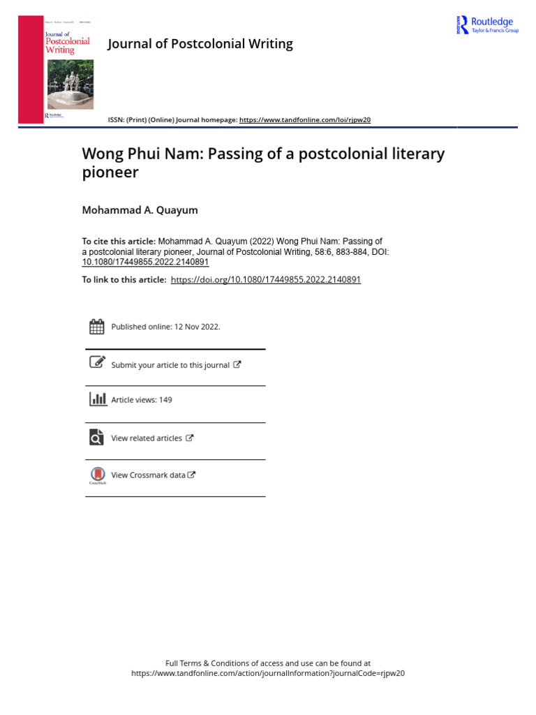 Wong Phui Nam: Postcolonial Poet's Legacy | PDF