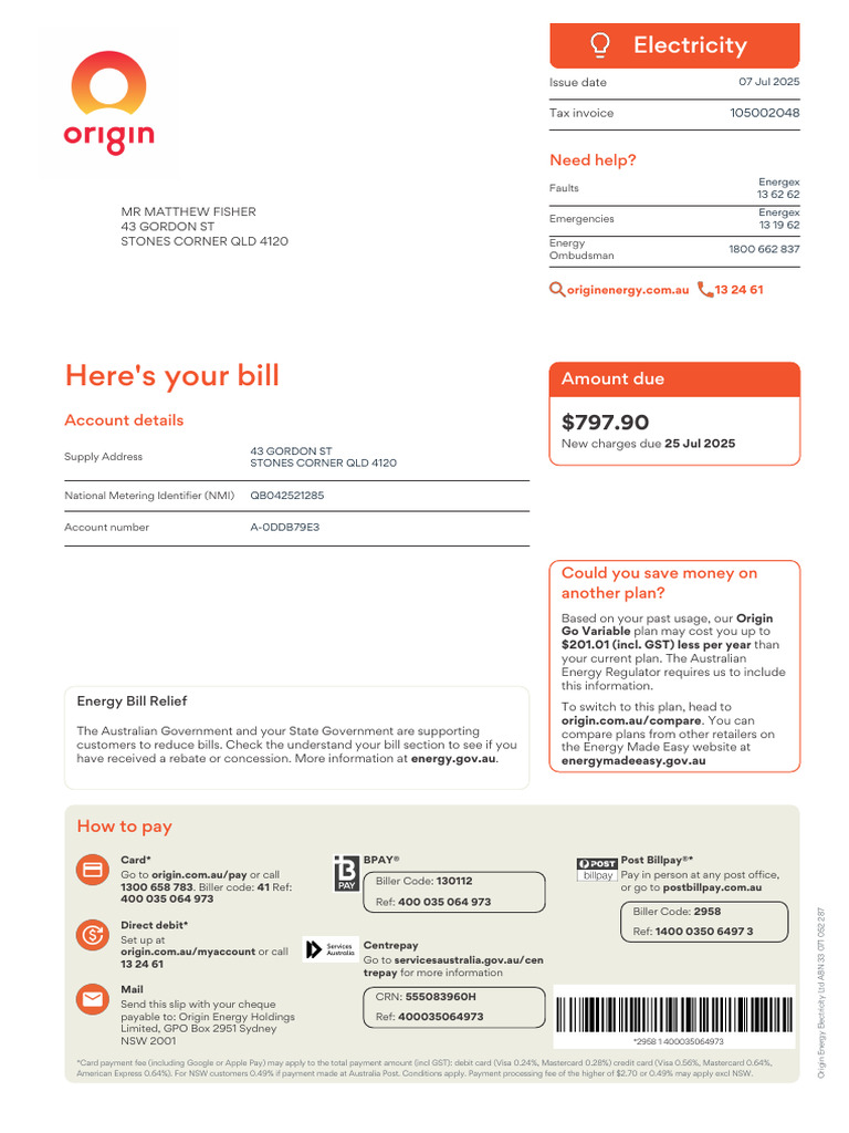Origin Energy Bill and Payment Details | PDF | Payments | Credit Card