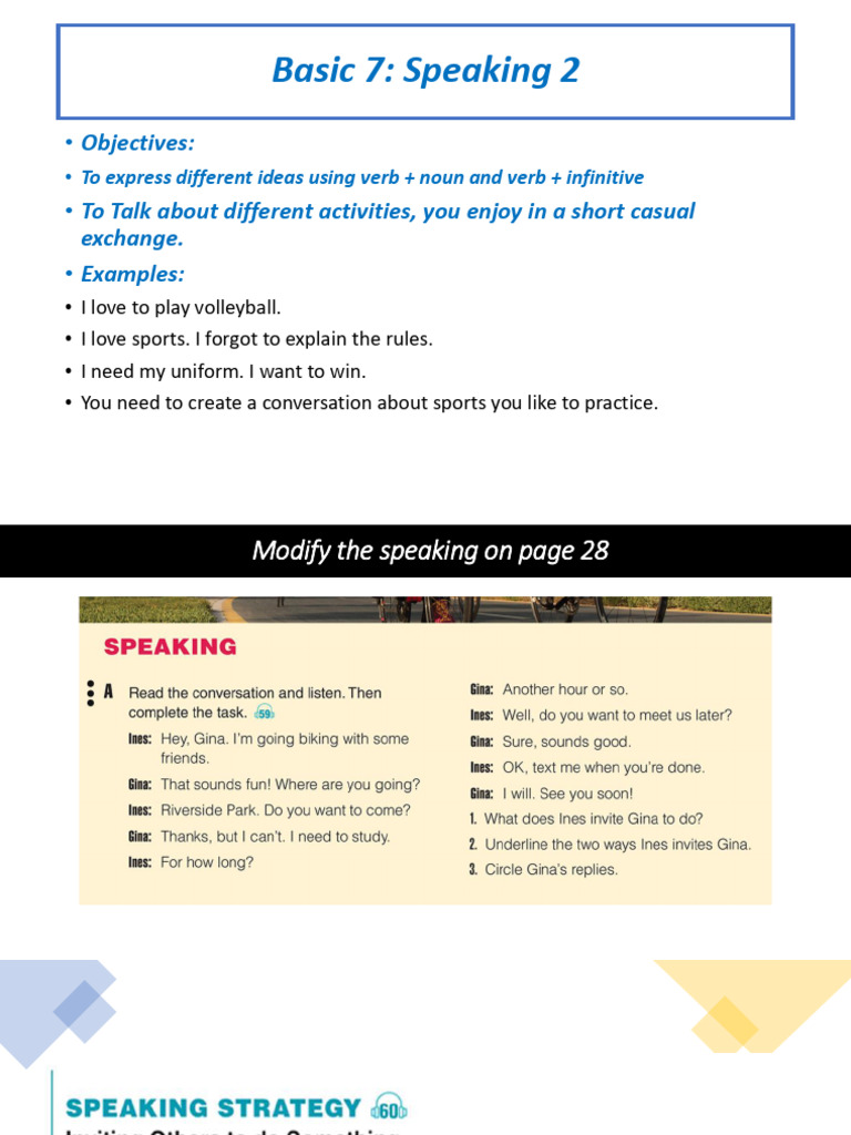 Basic 7: Speaking 2: Objectives: To Talk About Different Activities ...