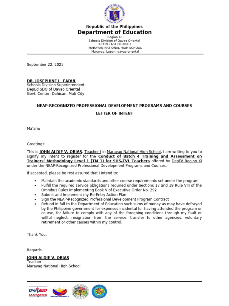 Intent to Register for NEAP Training | PDF