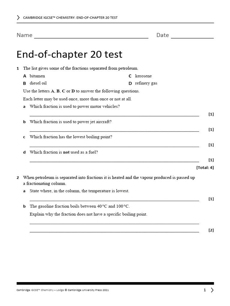 IGCSE Chemistry Chapter 20 Test | PDF