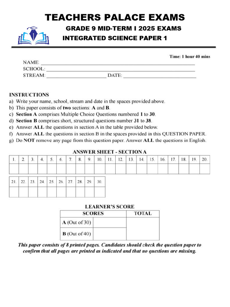 Grade 9 Integrated Science Exam 2025 | PDF