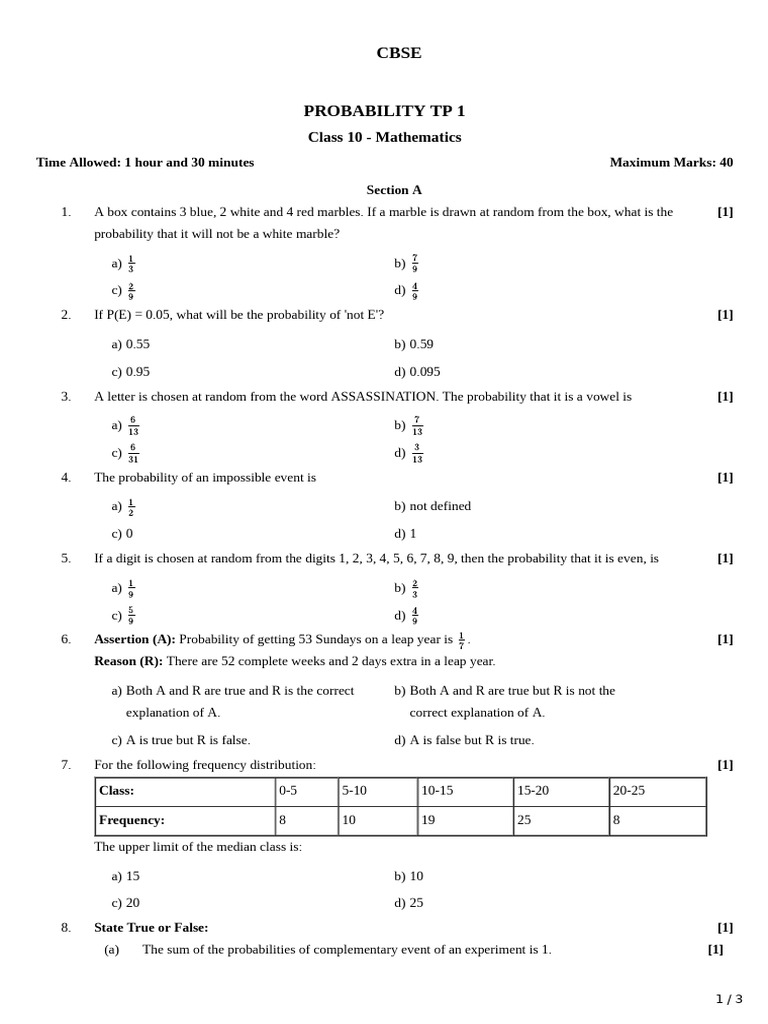 Class 10 Probability Practice Questions | PDF | Probability | Chess