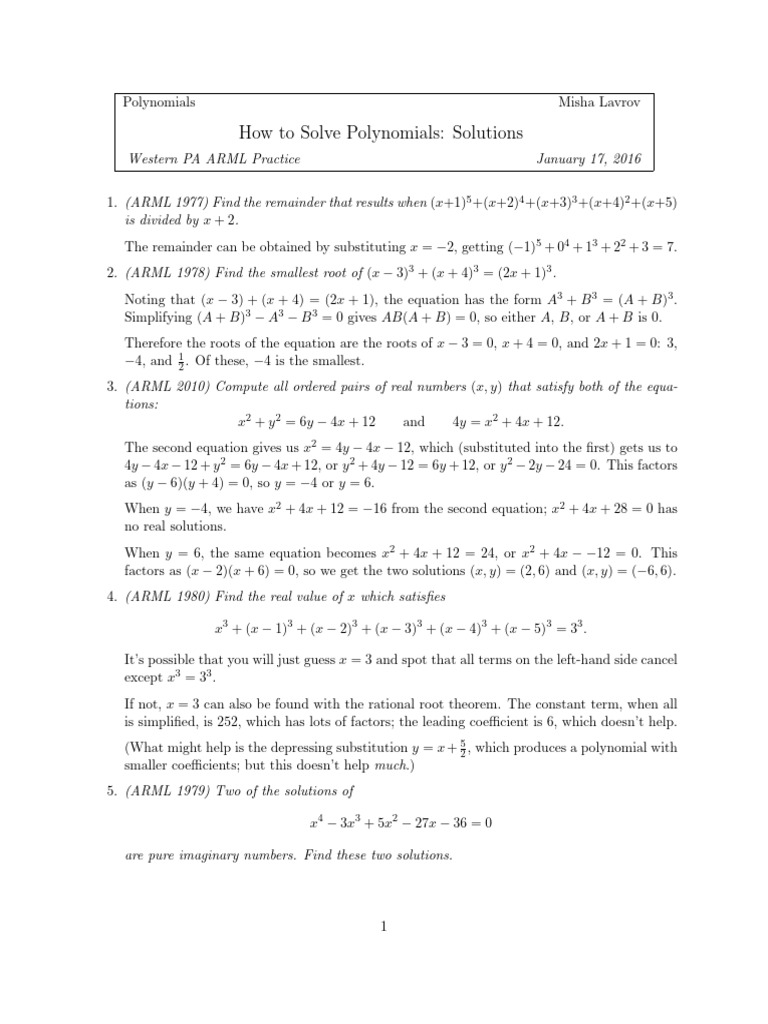 Solving Polynomials: ARML Problems | PDF | Equations | Polynomial