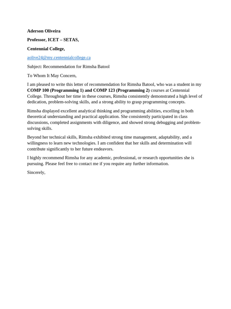 Rimsha Batool Reference Letter | PDF