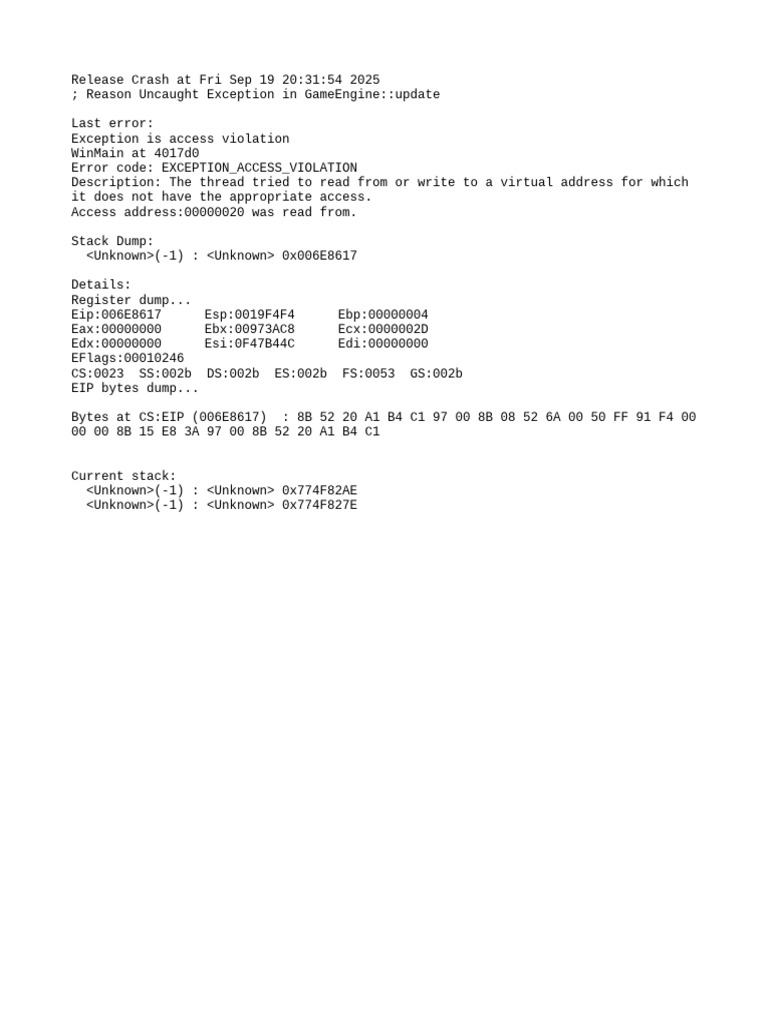 Game Engine Access Violation Error Report | PDF