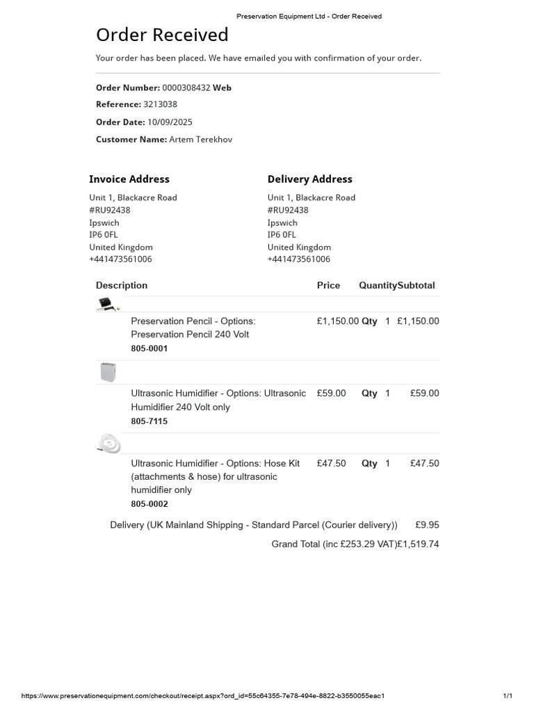 Preservation Equipment LTD - Order Received | PDF