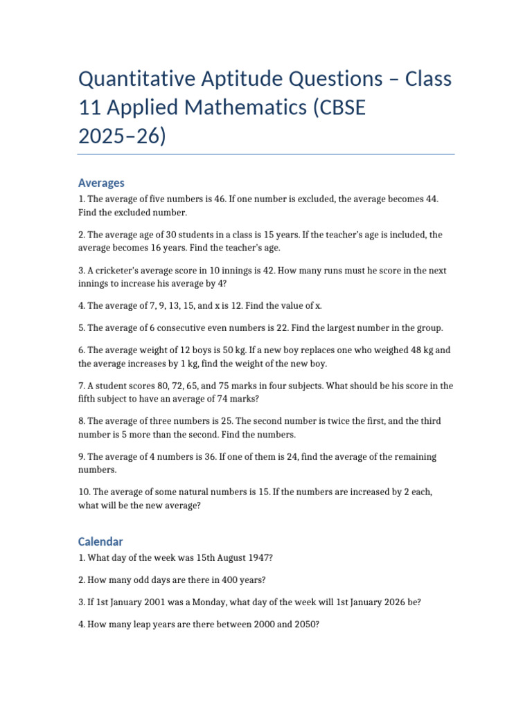Quantitative Aptitude Questions for Class 11 | PDF