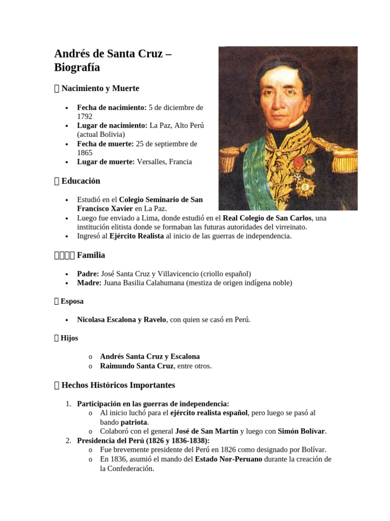 Biografía de Andrés de Santa Cruz | PDF